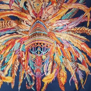 Navy Wall Tapestry with Multicolor Feather Mandala